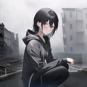 Best quality, masterpiece, small breasts, dramatic angle, wet clothes, gray hood s-2656199847