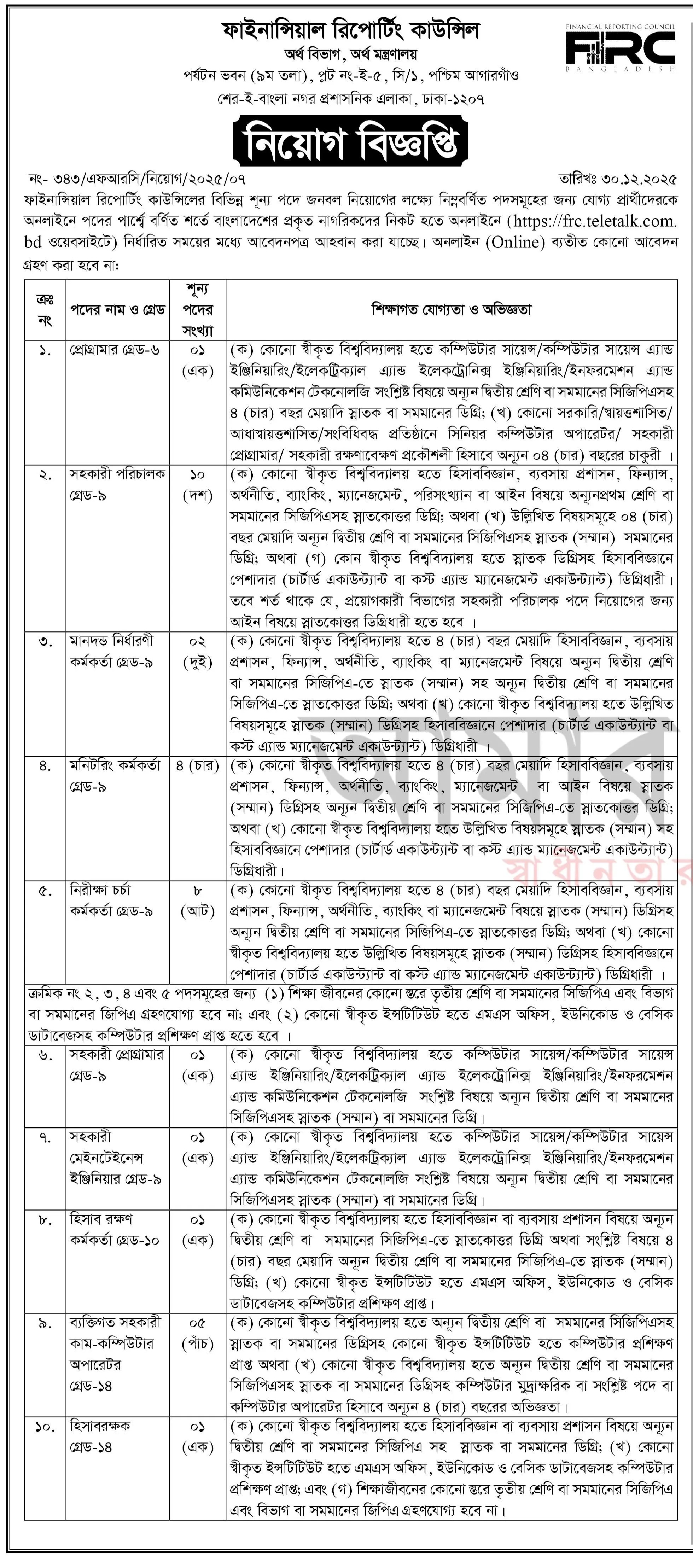 ফাইনান্সিয়াল রিপোর্টিং কাউন্সিল নিয়োগ বিজ্ঞপ্তি FRC Job circular 2026