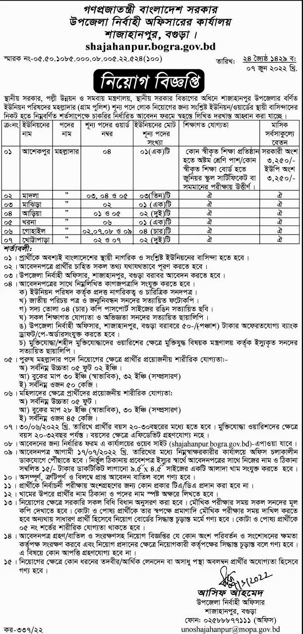 Upazila Nirbahi Office Job Circular 2022