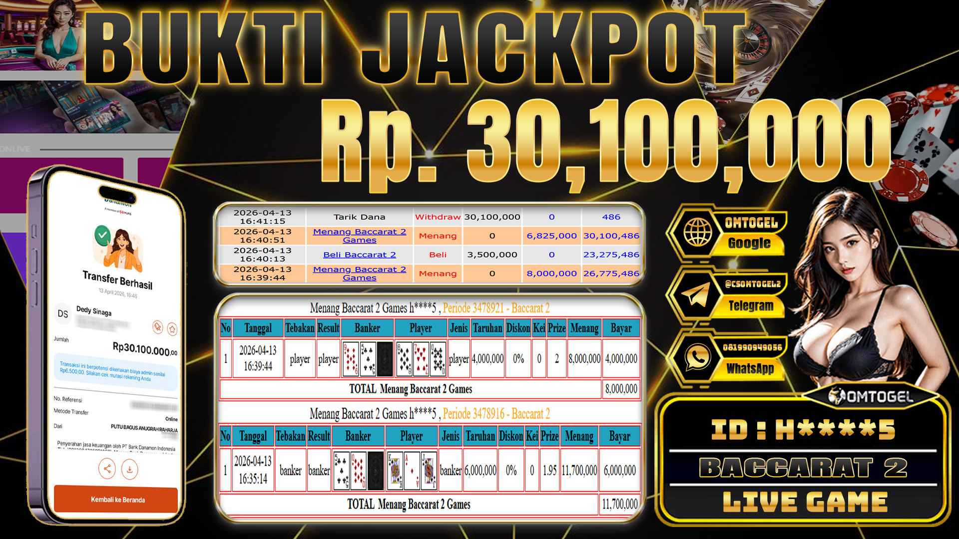 OMTOGEL JACKPOT LIVE GAMES BACCARAT 2 , 30 JUTA DI BAYAR LUNAS ,-