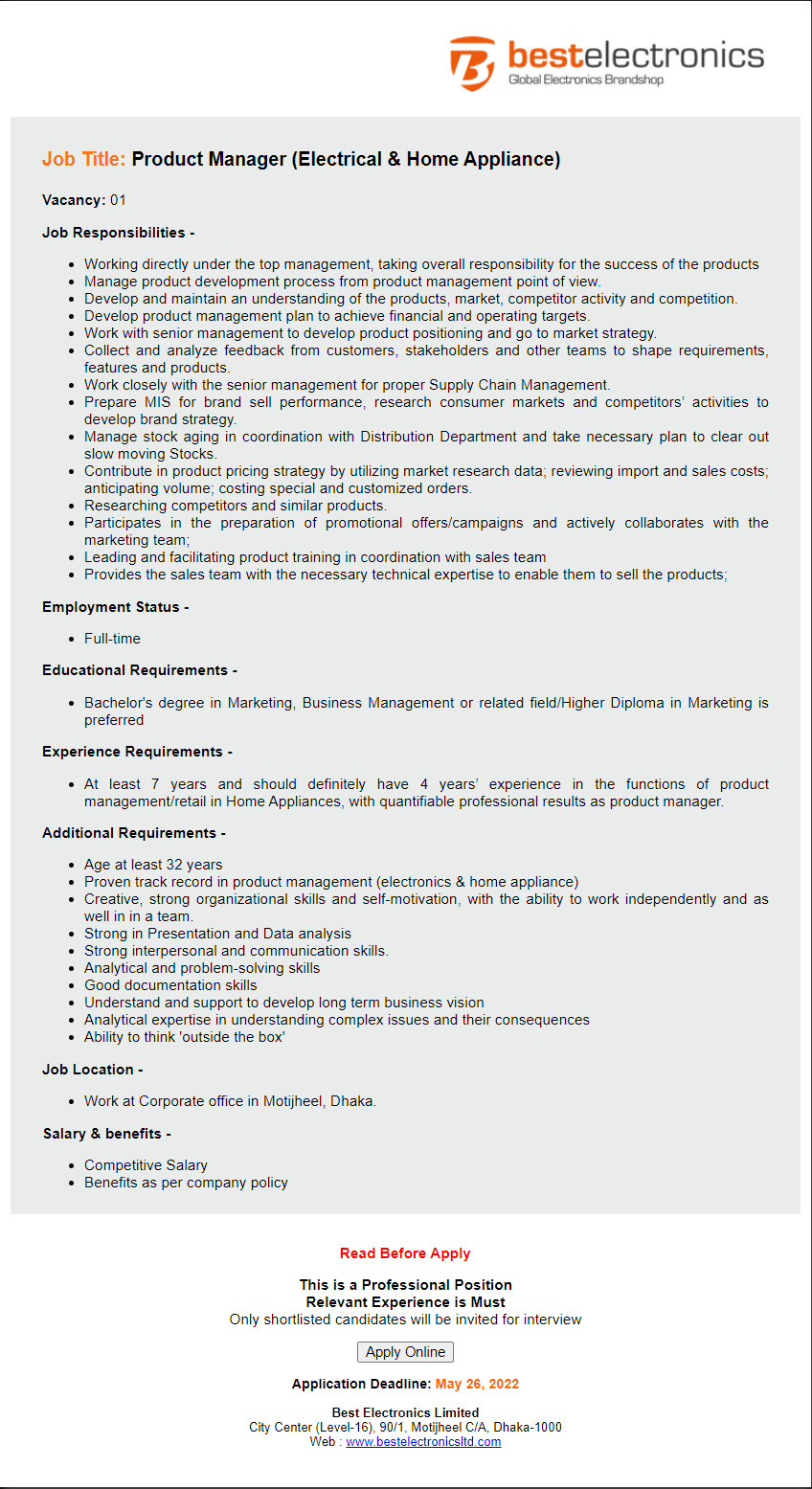 Best Electronics Limited Job Circular