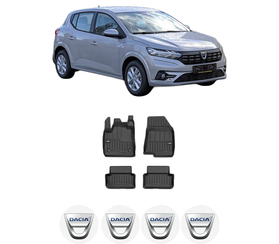 Set covorase presuri DACIA SANDERO III din 2021-2022, auto, din cauciuc thermoplastic, 4 Stickere auto cu DACIA
