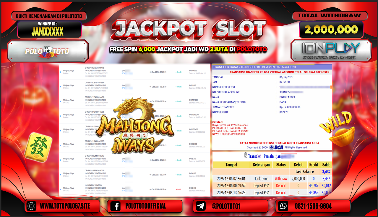 POLOTOTO JACKPOT SLOT MAHJONG WAYS Rp.2.000.000,- LUNAS