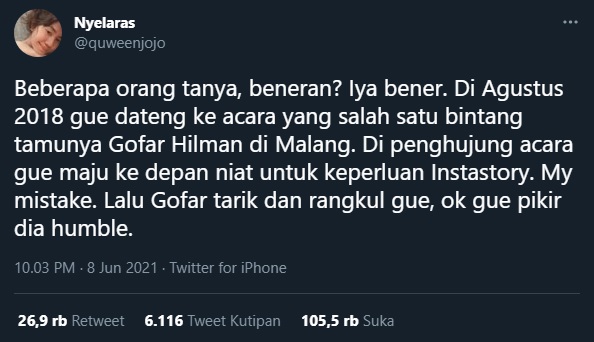 Utas @quweenjojo yang menceritakan pengalaman tidak menyenangkan bersama Gofar Hilman saat dirinya berada di Malang, Jawa Timur pada Agustus 2018.