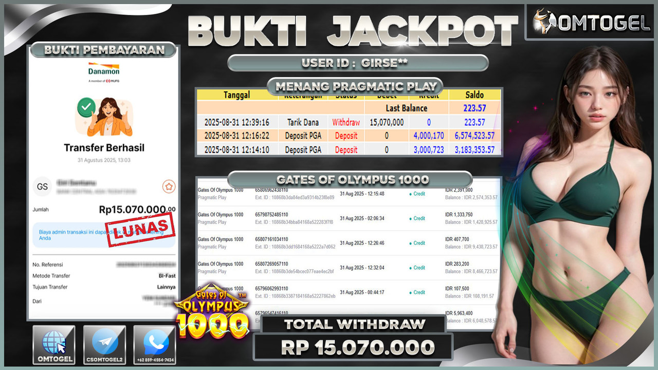 OMTOGEL JACKPOT PRAGMATIC PLAY GATES OF OLYMPUS 1000 15 JUTA DI BAYAR LUNAS ,-