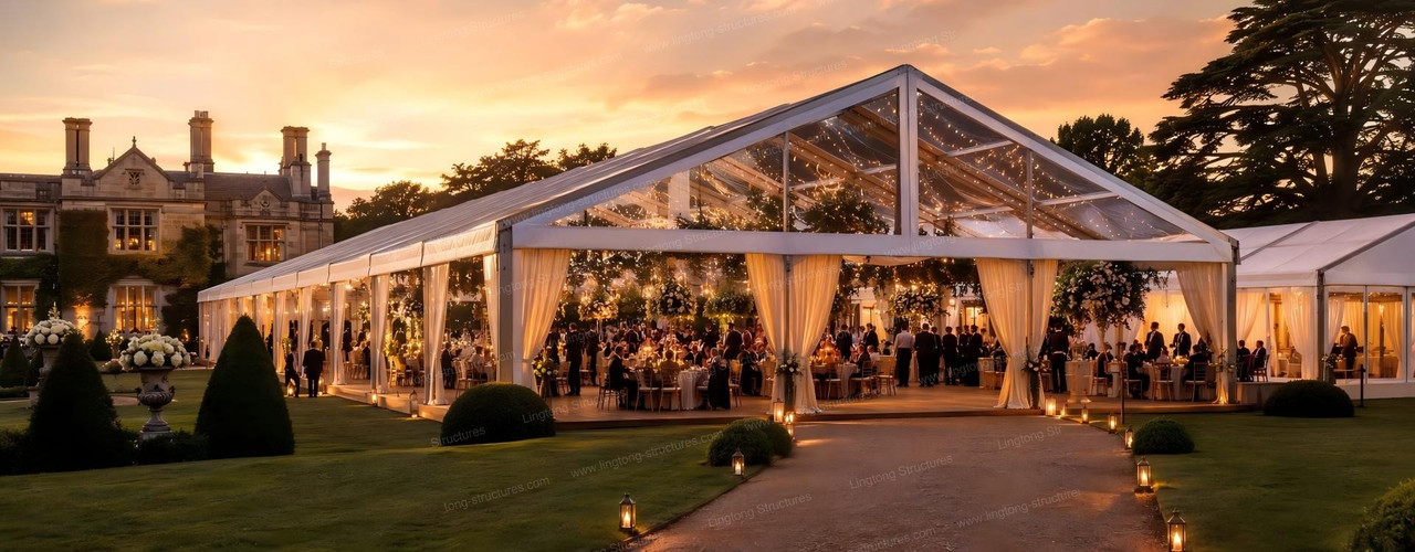 Elegant outdoor wedding marquee setup with white fabric and scenic background