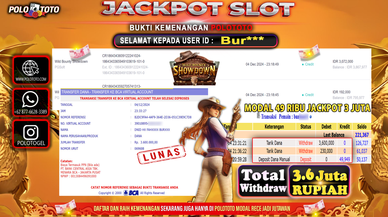 POLOTOTO JACKPOT SLOT WILD BOUNTY SHOWDOWN Rp.3,600.000,-