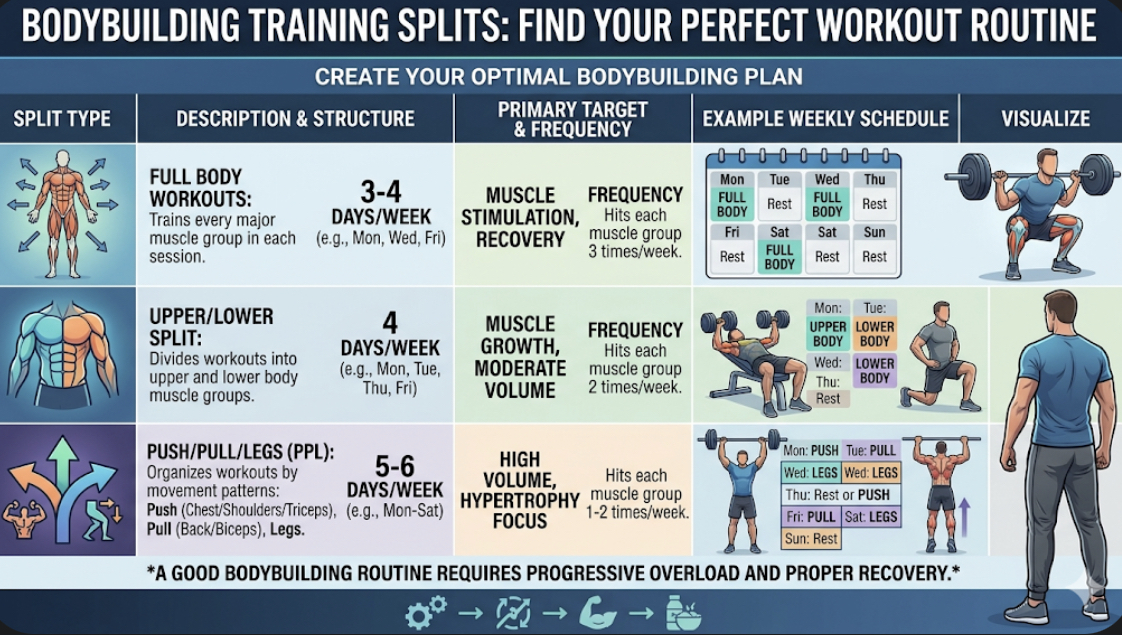 Comparison chart of different training splits: full body 3x/week, upper/lower 4x/week, push/pull/legs 6x/week, representing create workout routine bodybuilding