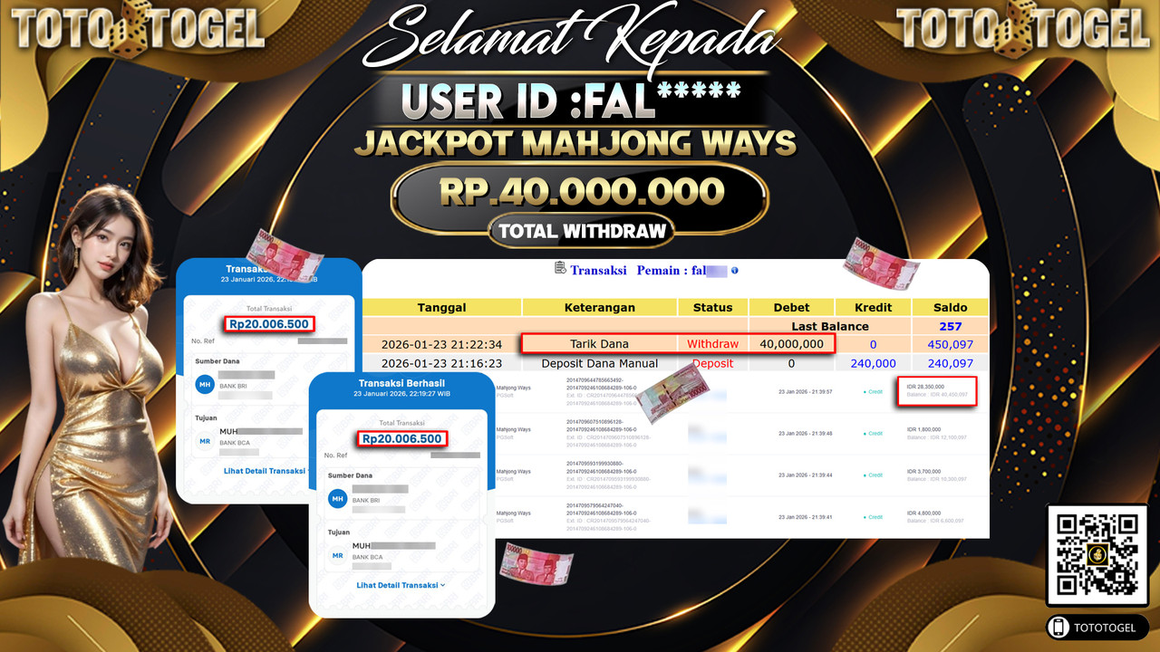 Bukti Pembayaran Jackpot Permainan Slot Mahjong Ways ID:FAL*****LUNAS