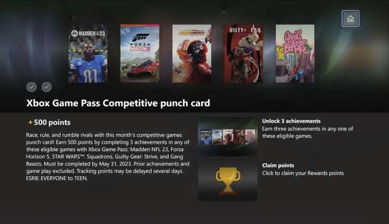 Xbox: Rewards 500 puntos al desbloquear 3 logros
