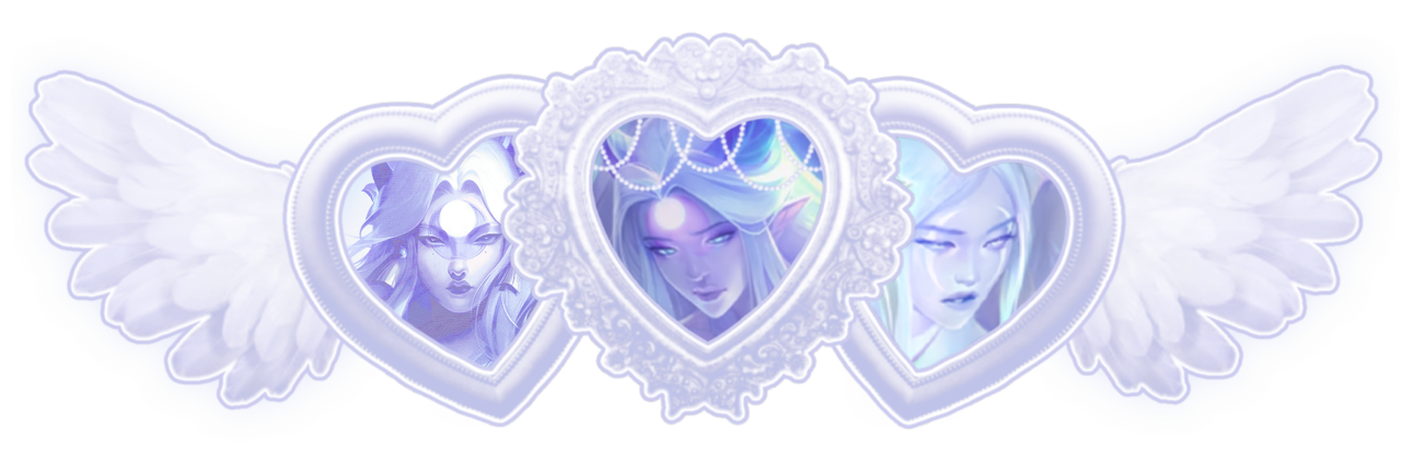 a graphic of three pictures of alune from league of legends in a set of white frames. the middle has pearls draped over it and the sides have white wings attached. the frame is made by tumblr user @phaea