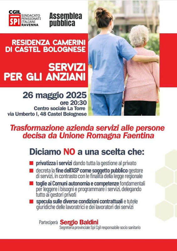 Servizi per anziani a rischio privatizzazione: assemblea pubblica dello SPI CGIL lunedì 26 maggio