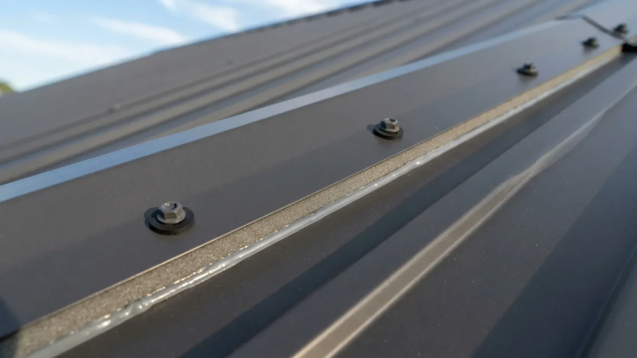 Metal roof ridge cap properly installed and sealed on San Antonio home showing correct fastening method