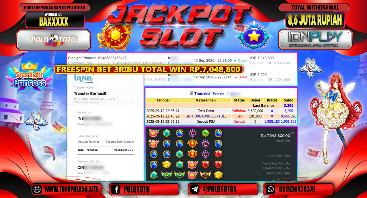 POLOTOTO JACKPOT SLOT STARLIGHT PRINCESS Rp.8.600.000,-