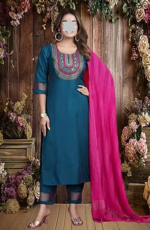 Women Fashion Trending Embrodered Kurta With Pant And Dupatta Set Color 1 (KS146)