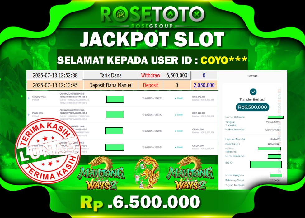 ROSETOTO JACKPOT SLOT MAHJONG WAYS2 Rp.6.500.000.,- LUNAS