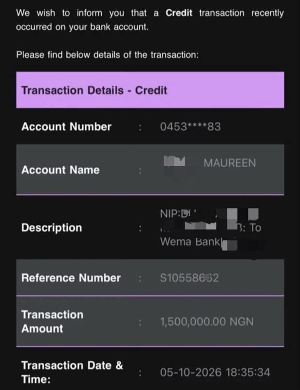 Maureen's ₦1,500,000 transfer receipt