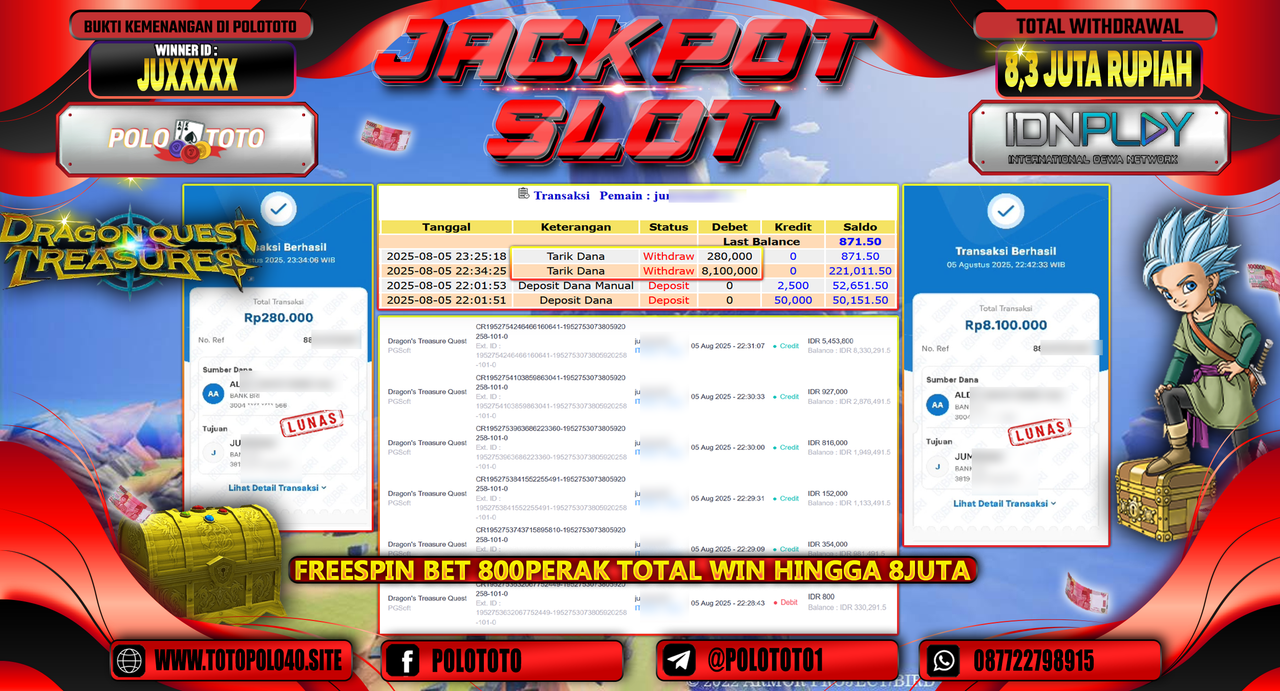 POLOTOTO JACKPOT SLOT DRAGON S TREASURE QUEST Rp.8.300.000,-LUNAS