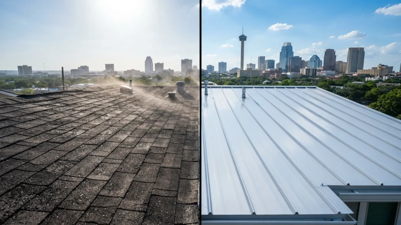 Metal roof versus asphalt shingles energy efficiency comparison diagram