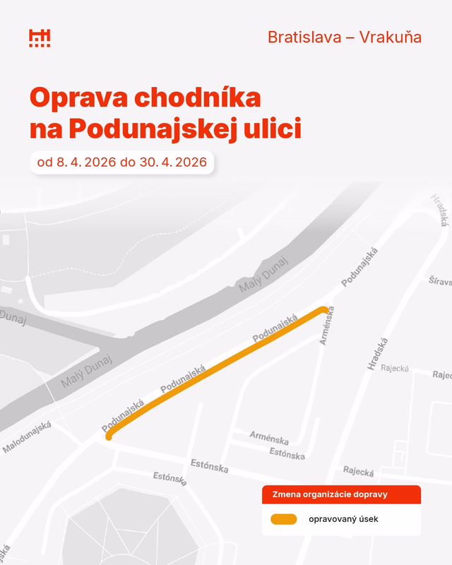 Podunajská ulica (Podunajské Biskupice): Oprava povrchu chodníka a debarierizácia priechodov medzi Estónskou a Arménskou v termíne 8. 4. – 30. 4. 2026.