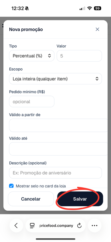 Criar e salvar uma nova promoção