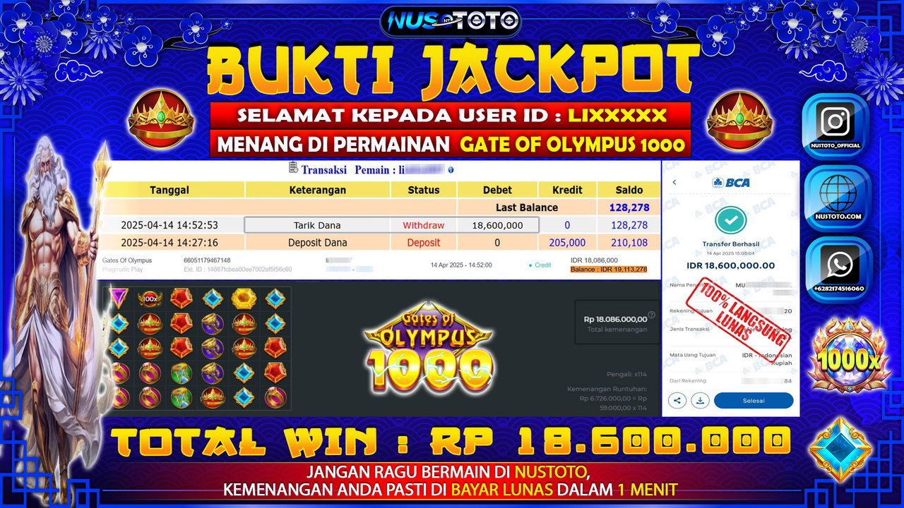 JACKPOT !! MENANG BESAR DI SLOT GATES OF OLYMPUS 1000 Rp. 18.600.000 LANGSUNG DI BAYAR LUNAS NUSTOTO !!