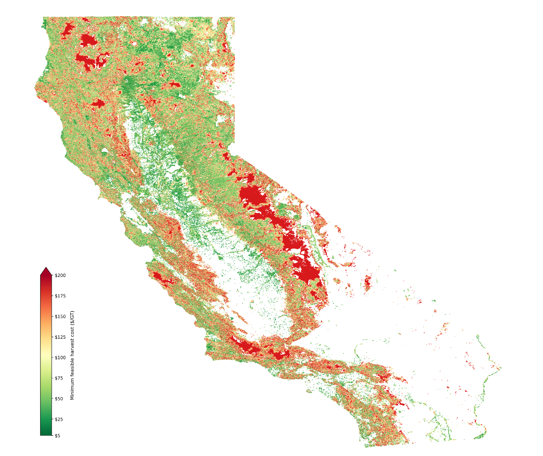 Map of California showing minimum feasible harvest cost per forest cluster, with low-cost areas in the northern Sierra Nevada and high-cost areas along the north coast and steep canyon terrain