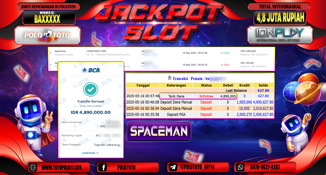 POLOTOTO JACKPOT SLOT SPACEMAN Rp.4.890.000,-