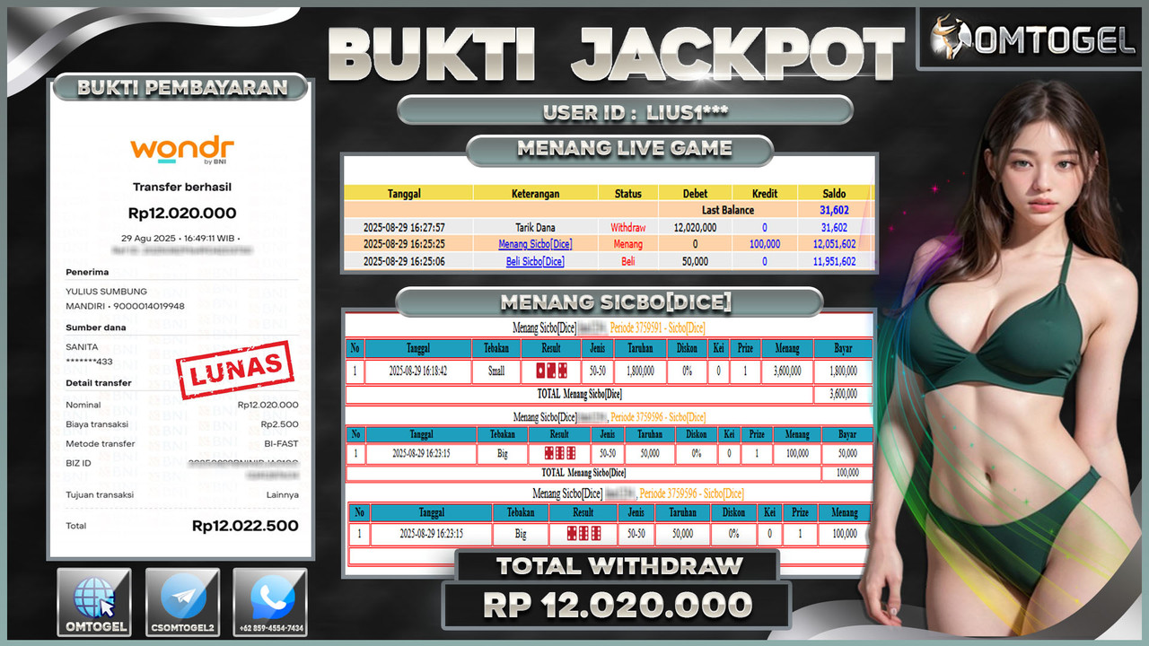 OMTOGEL JACKPOT LIVE GAMES SICBO DICE 12 JUTA DI BAYAR LUNAS ,-