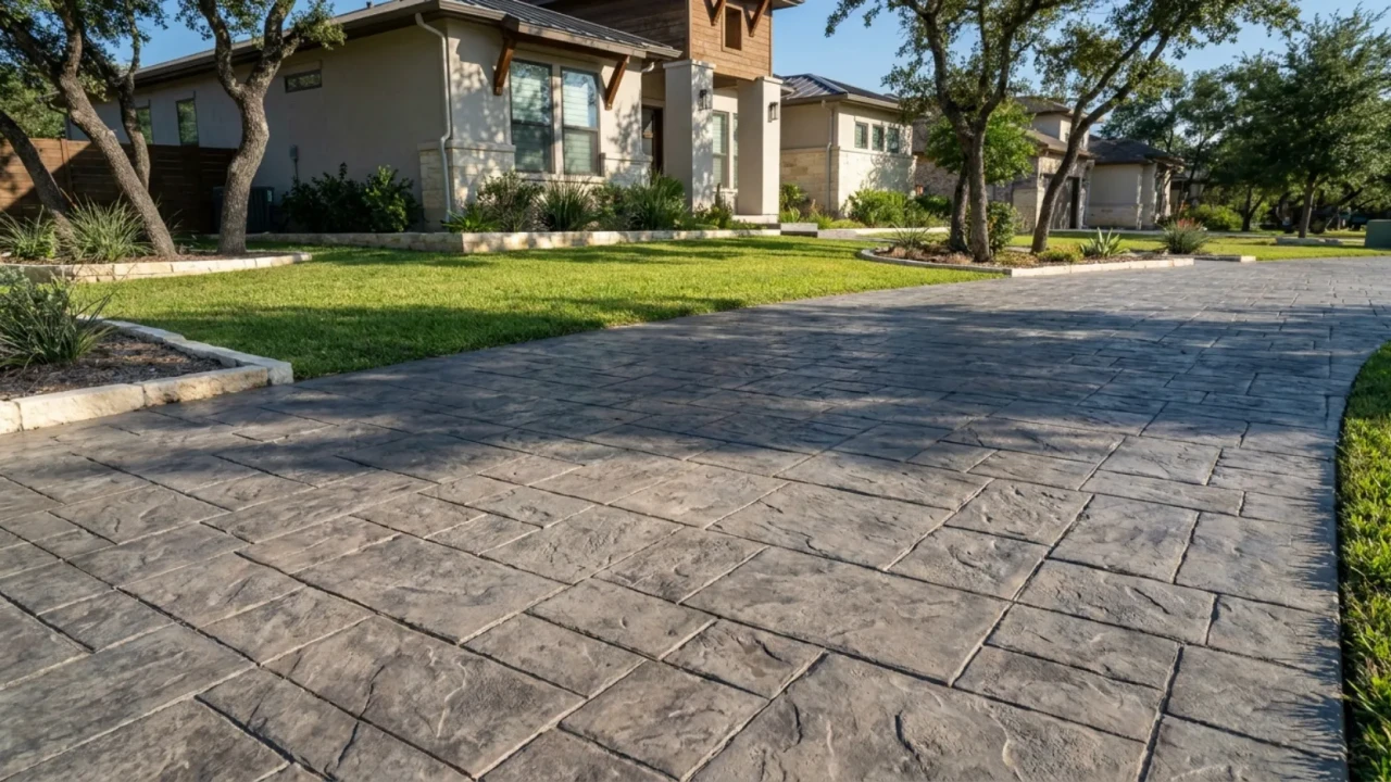 Stamped concrete driveway with ashlar slate pattern San Antonio