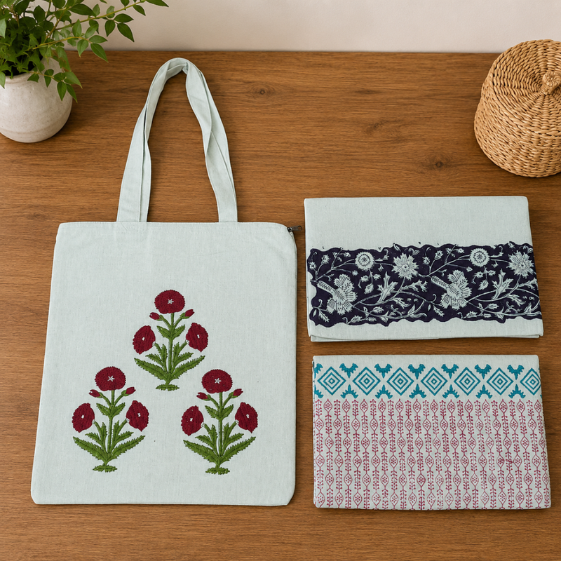 Qyaari by Penkraft Hand Block Printed Tote Bags – Set of 3 Pattern 2