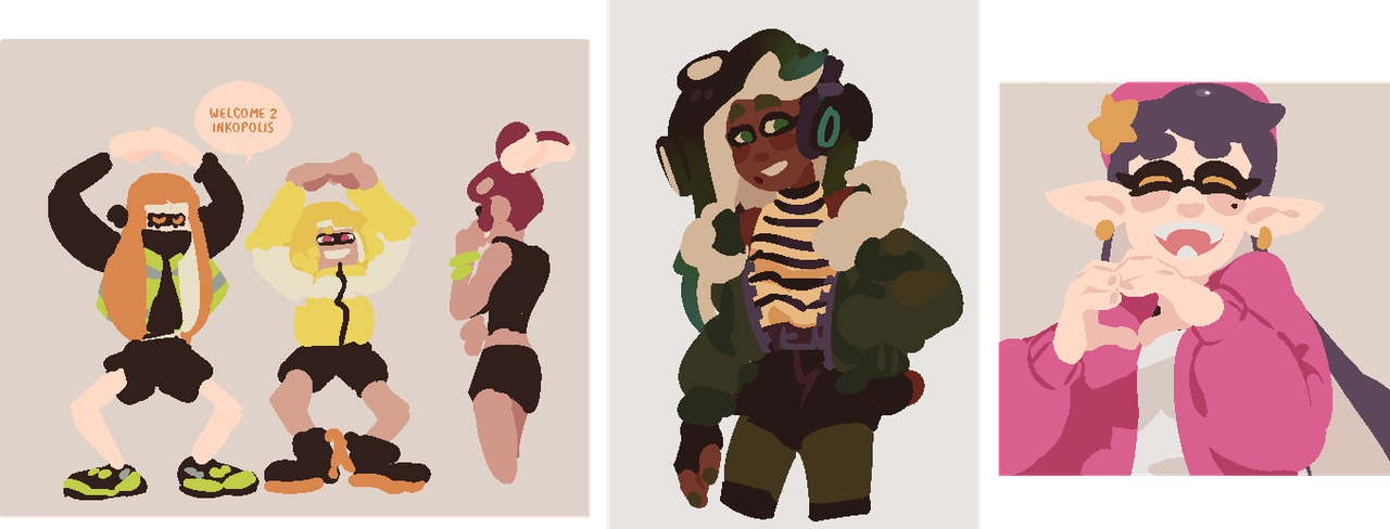 3 lineless splatoon drawings, 1 of the agents, 1 of marina, and 1 of callie