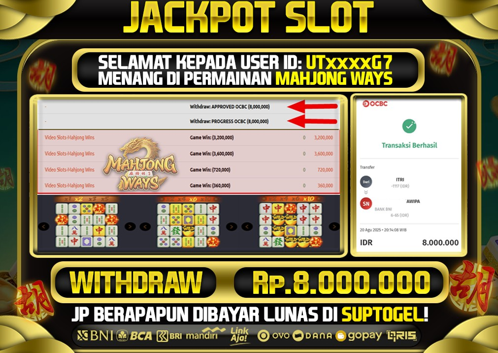  BUKTI KEMENANGAN 20 AGUSTUS 2025 MENANG DI PERMAINAN MAHJONG WAYS TOTAL WD 8 JUTA