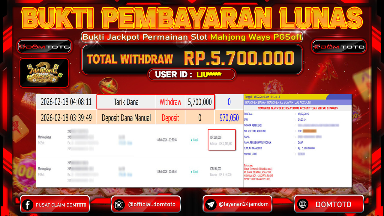 JACKPOT SLOT Mahjong Ways PGSoft 18 FEBRUARI 2026