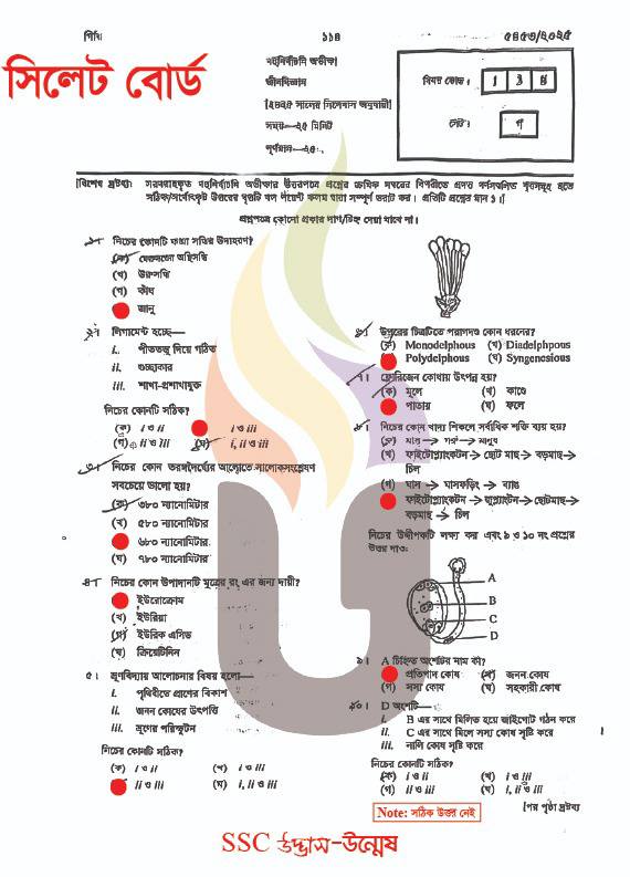 Biology MCQ Exam Question Solution Sylhet Board SSC 2025