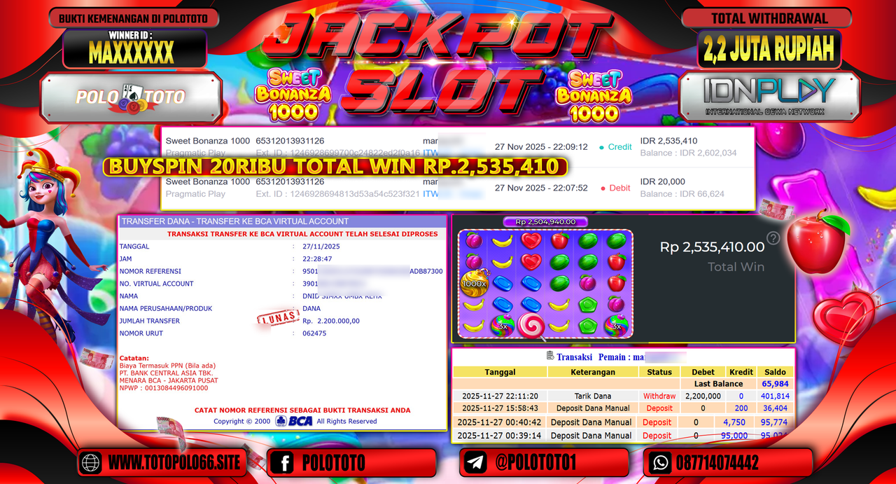 POLOTOTO JACKPOT SLOT SWEET BONANZA 1000 Rp.2.2000.000,- LUNAS