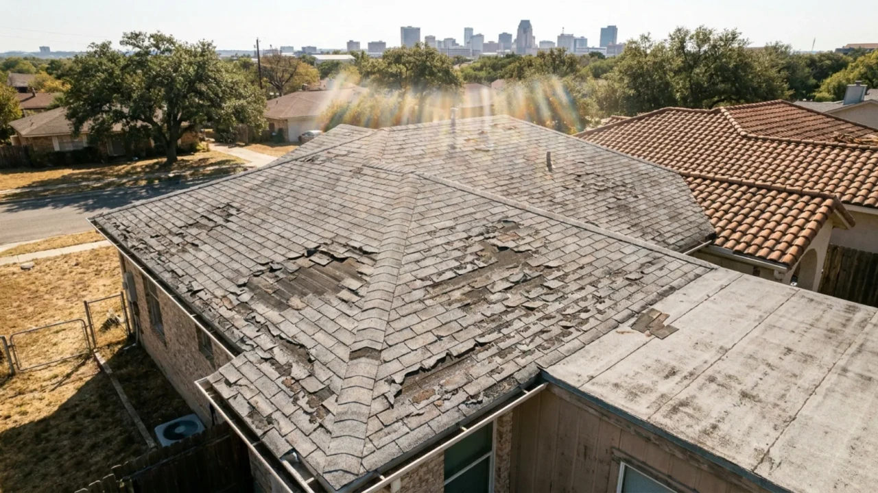 Asphalt shingle roof showing granule loss from San Antonio sun exposure
