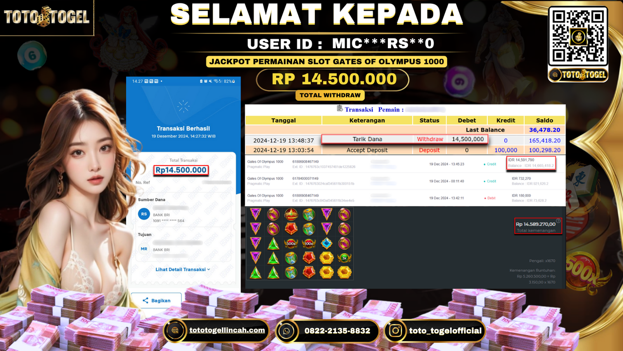 Bukti Pembayaran Jackpot Permainan Slot Gates Of Olympus 1000 ID: MIC***RS**0 LUNAS