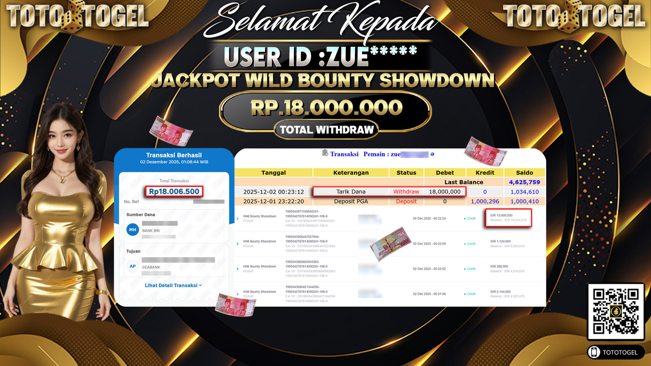 Bukti Pembayaran Jackpot Permainan Slot Wild Bounty Showdown ID:ZUE***** LUNAS