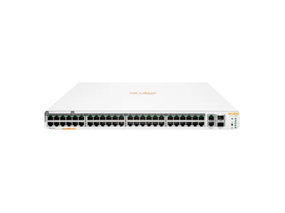 Vista frontal do Switch HPE Aruba Instant On 1960 48G PoE+ (JL809A), exibindo as portas Gigabit, 10GBASE-T e SFP+.
