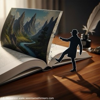An open book with a silhouette of a character stepping off the page, symbolizing storytelling