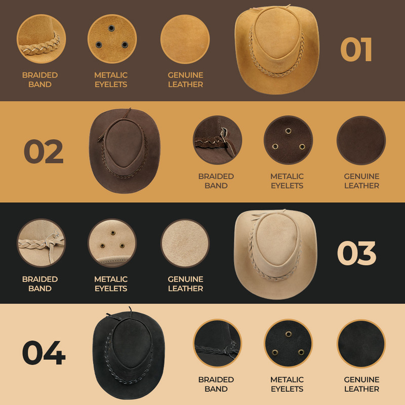 mens leather australian cowboy hats in tan brown, dark brown, camel, and black with chin straps, braided bands, and ventilation eyelets leather cowboy hat mens
