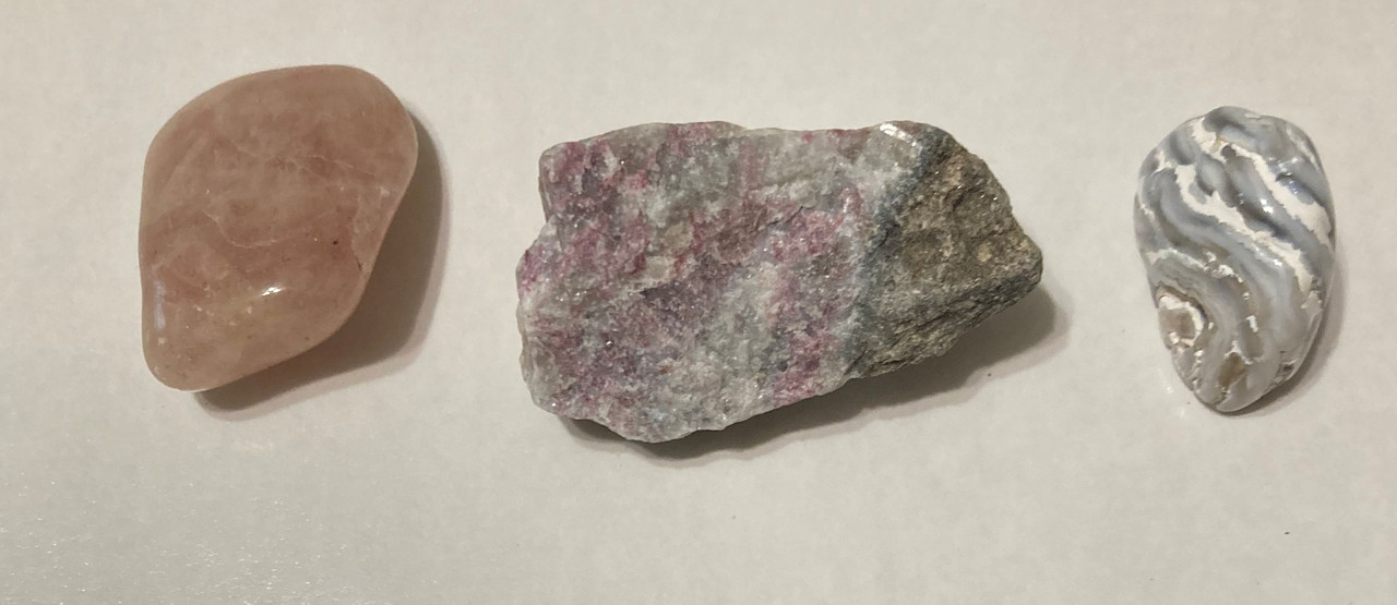 Raw rubellite tourmaline, tumbled red aventurine, tumbled oco agate, information sheet