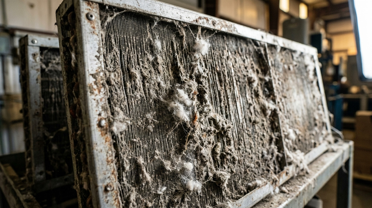 Загрязненный теплообменник драйкулера с налетом пыли и пуха