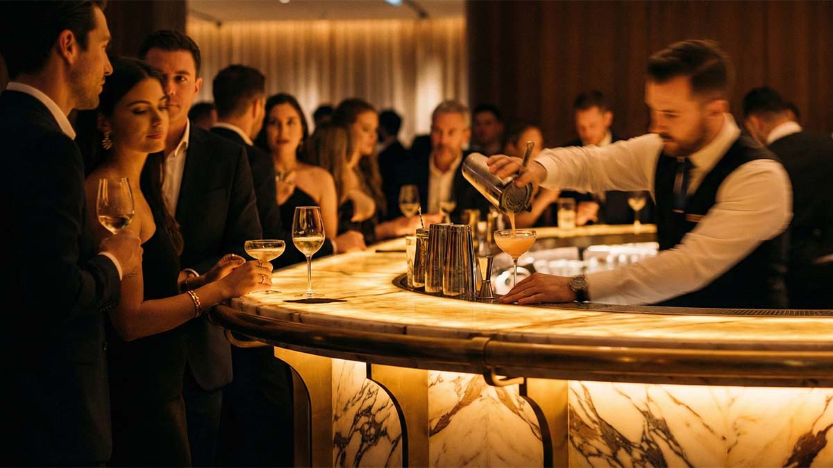 Стильная островная барная стойка на мероприятии с теплым освещением и работой бармена.