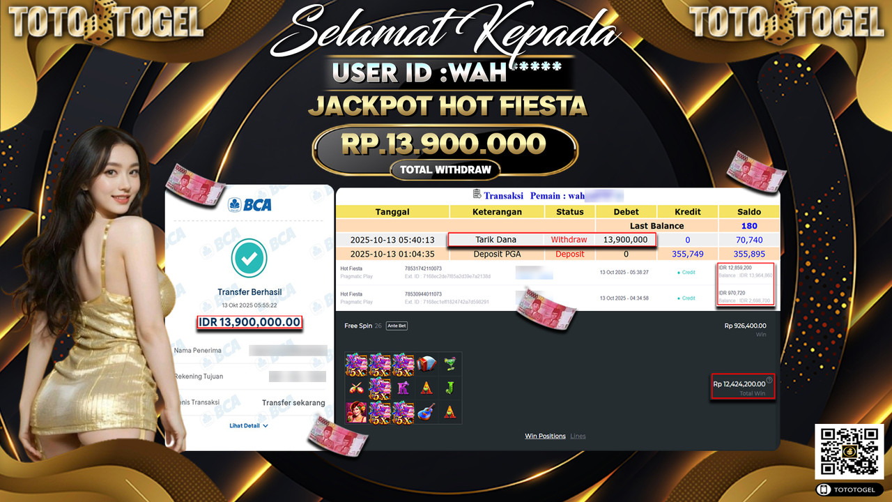 Bukti Pembayaran Jackpot Permainan Slot Hot Fiesta ID:WAH**** LUNAS