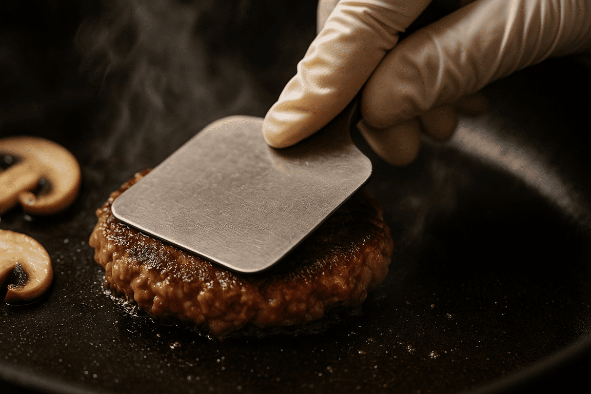 Горячая сковорода с румяной котлетой и лопаткой