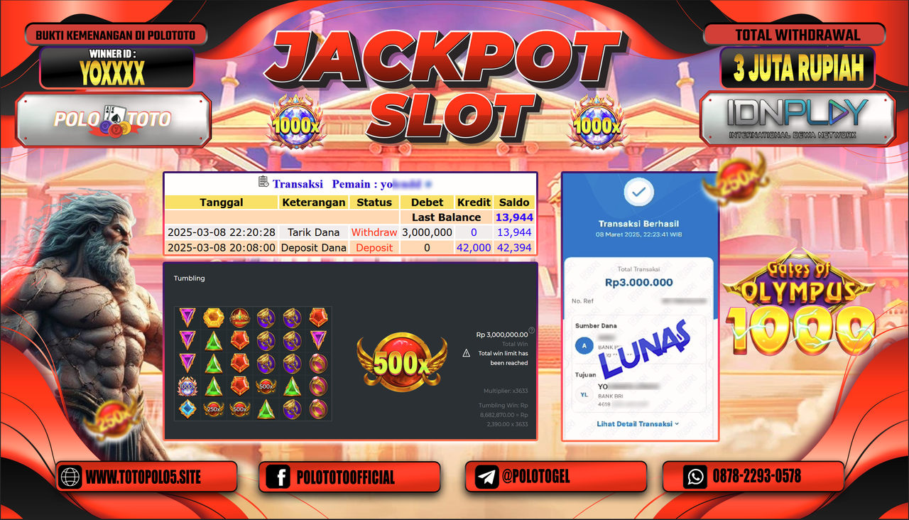 POLOTOTO JACKPOT SLOT GATES OF OLYMPUS 1000 Rp.3.000.000,-