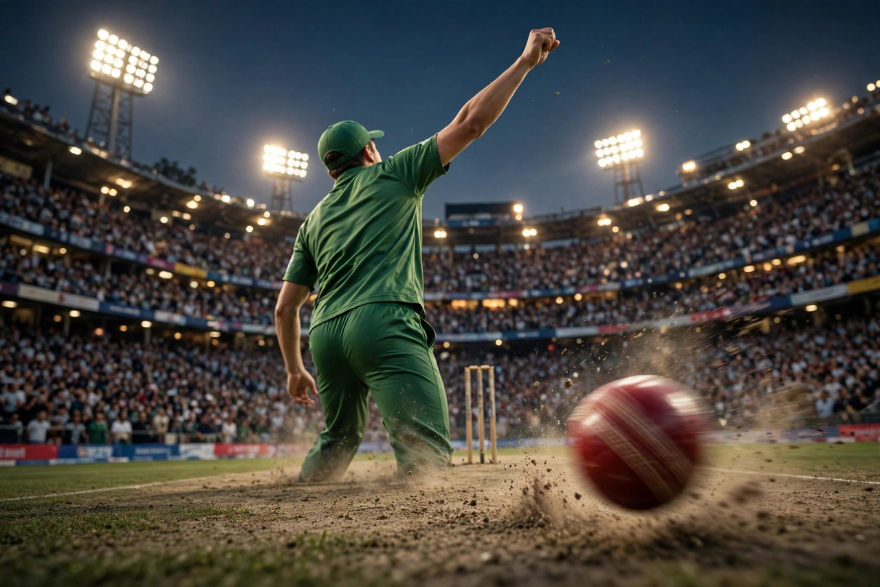 Young Pakistan spin bowler appealing during a packed night ODI in Pakistan