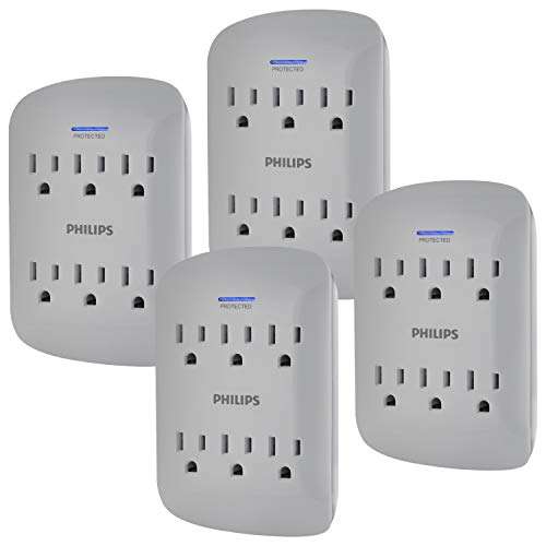 Amazon: PHILIPS, Multicontacto de Pared de 6 Salidas con Supresor de Picos, 900 Julios, Paquete de 4 (negro y gris)